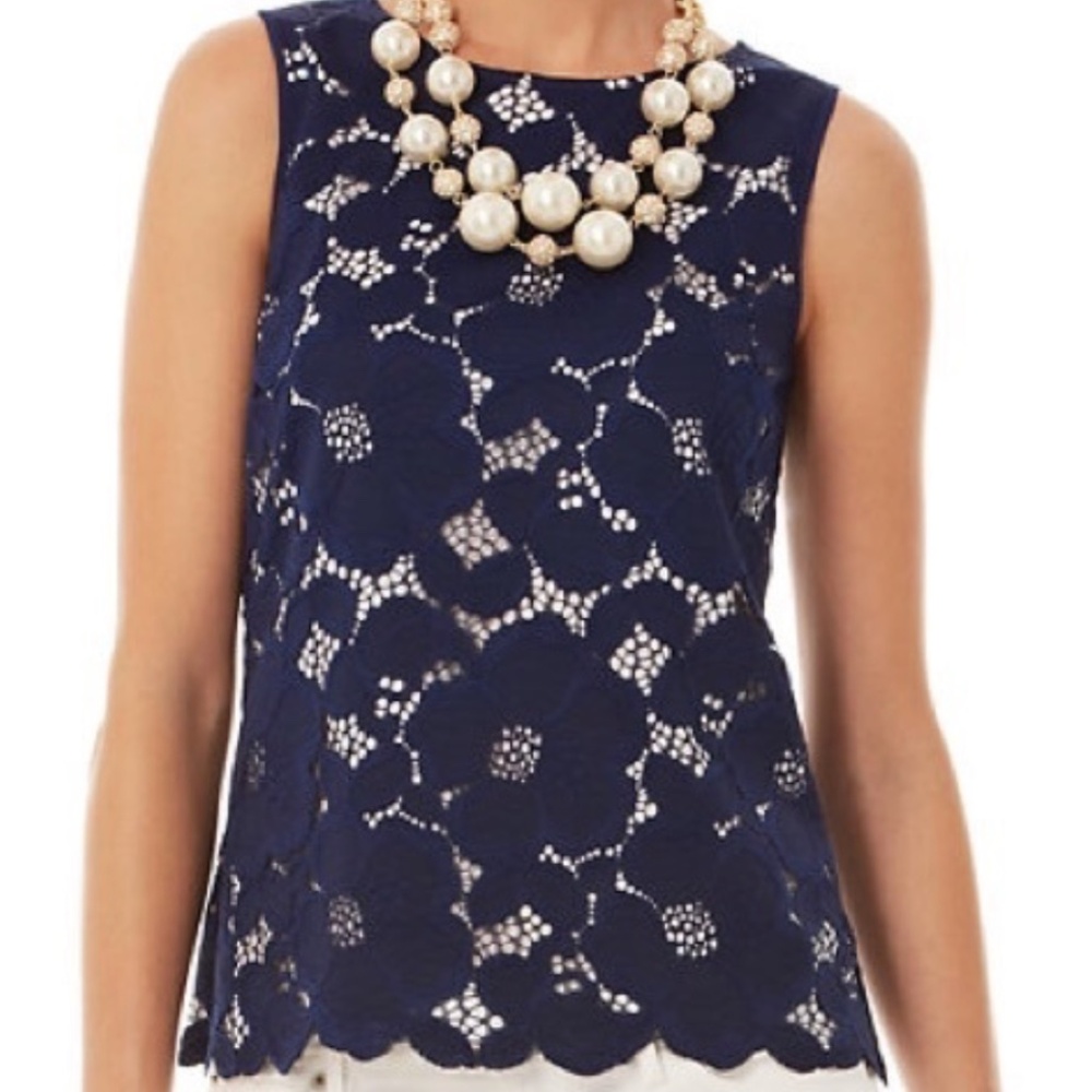 Lilly Pulitzer Floral Lace Sleeveless Top True Navy Blue Small EUC